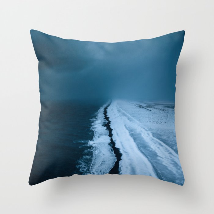 Black Sand Beach with snow in Iceland during a storm â Moody Landscape Photography Throw Pillow Gallery Image 1