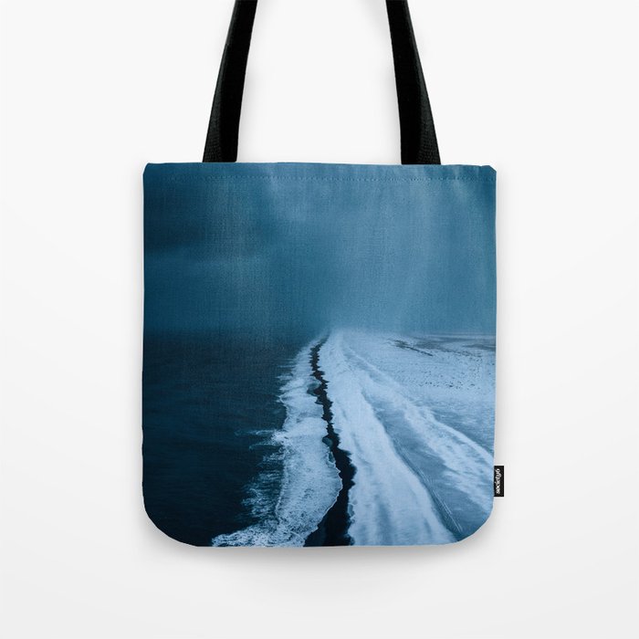 Black Sand Beach with snow in Iceland during a storm â Moody Landscape Photography Tote Bag Gallery Image 1
