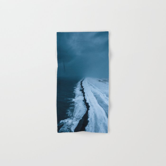 Black Sand Beach with snow in Iceland during a storm â Moody Landscape Photography Bath Towel Gallery Image 1