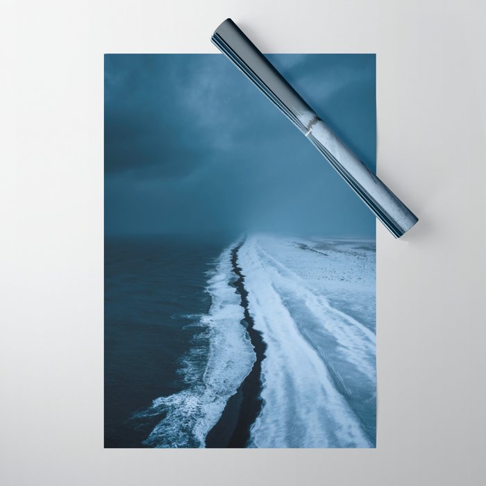 Black Sand Beach with snow in Iceland during a storm â Moody Landscape Photography Wrapping Paper Gallery Image 1