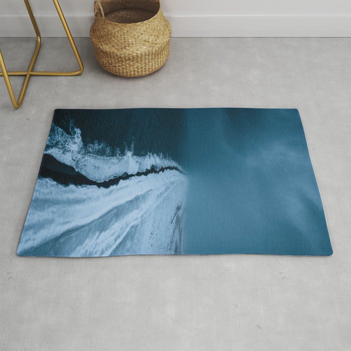 Black Sand Beach with snow in Iceland during a storm â Moody Landscape Photography Rug Gallery Image 1