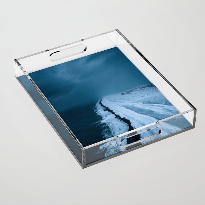 Black Sand Beach with snow in Iceland during a storm â Moody Landscape Photography Acrylic Tray Gallery Image 1