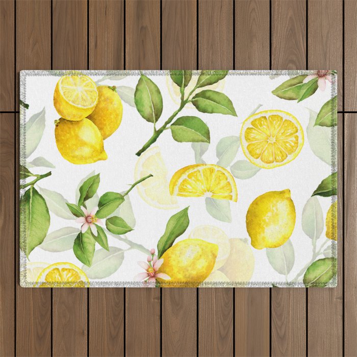 mediterranean summer lemon branches on white Outdoor Rug Gallery Image 1