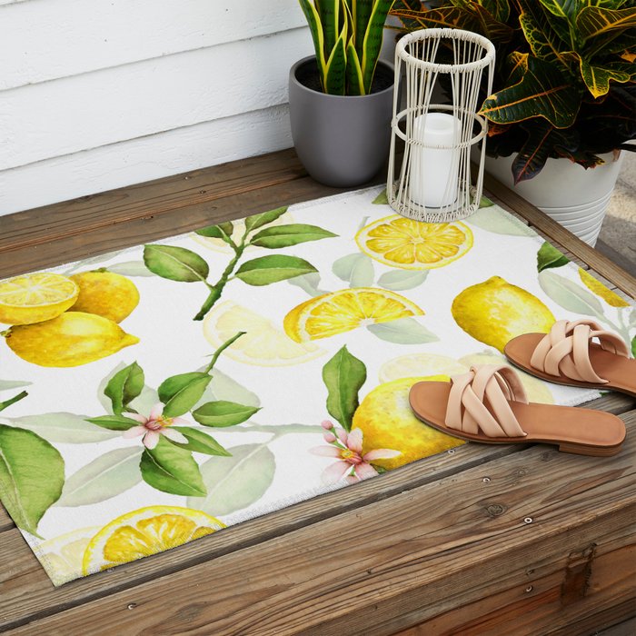 mediterranean summer lemon branches on white Outdoor Rug Gallery Image 2