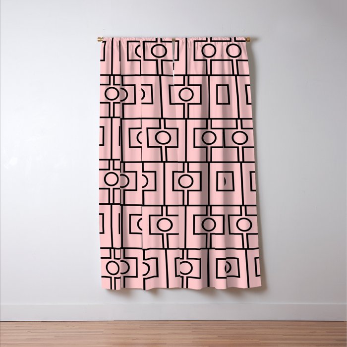 Mid Century Modern Rektangel Geometric Light Pink and Black Pattern Window Curtain Gallery Image 3