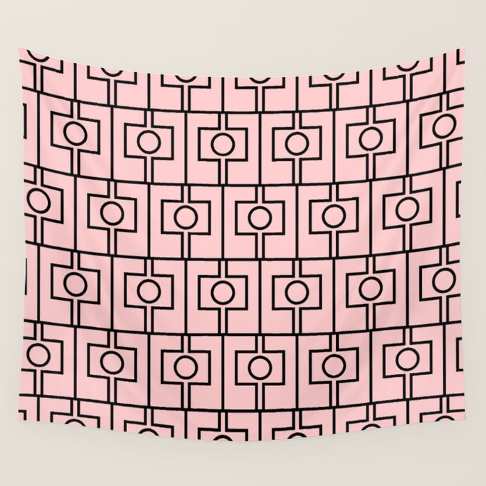 Mid Century Modern Rektangel Geometric Light Pink and Black Pattern Wall Tapestry Gallery Image 1