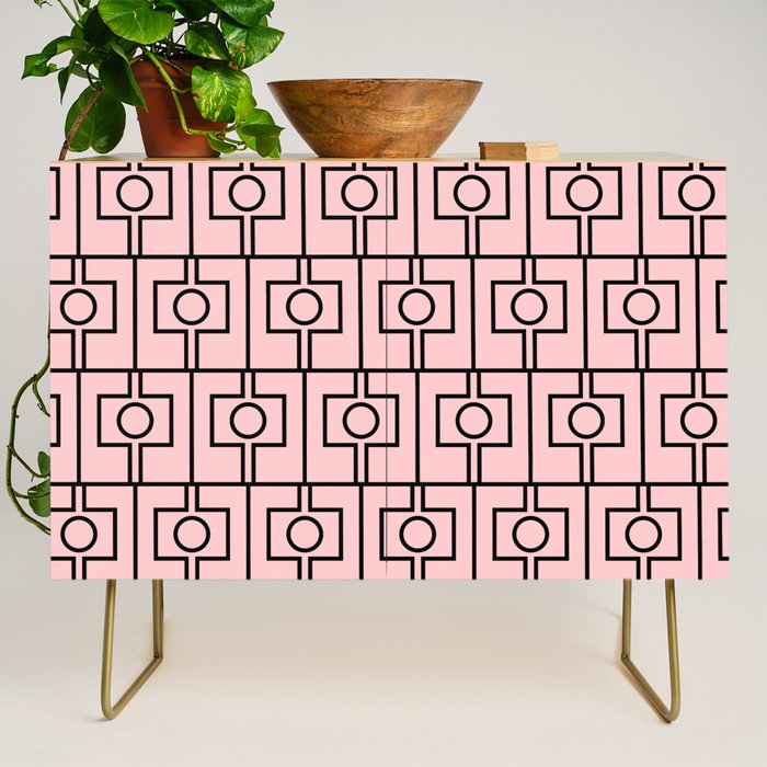 Mid Century Modern Rektangel Geometric Light Pink and Black Pattern Credenza Gallery Image 1