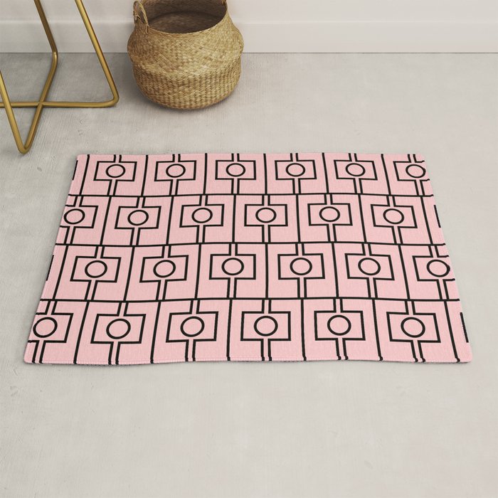 Mid Century Modern Rektangel Geometric Light Pink and Black Pattern Rug Gallery Image 1