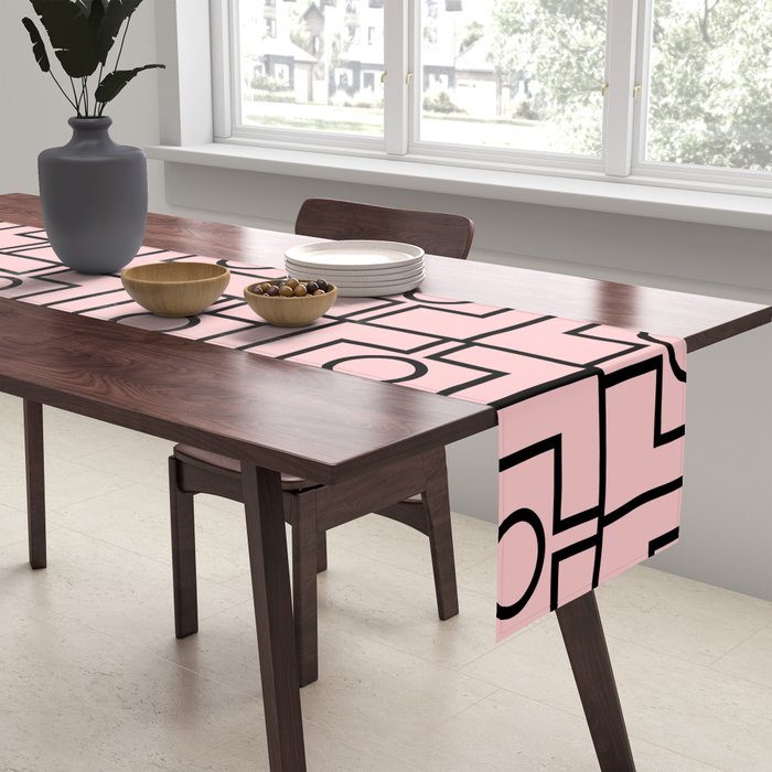 Mid Century Modern Rektangel Geometric Light Pink and Black Pattern Table Runner Gallery Image 2