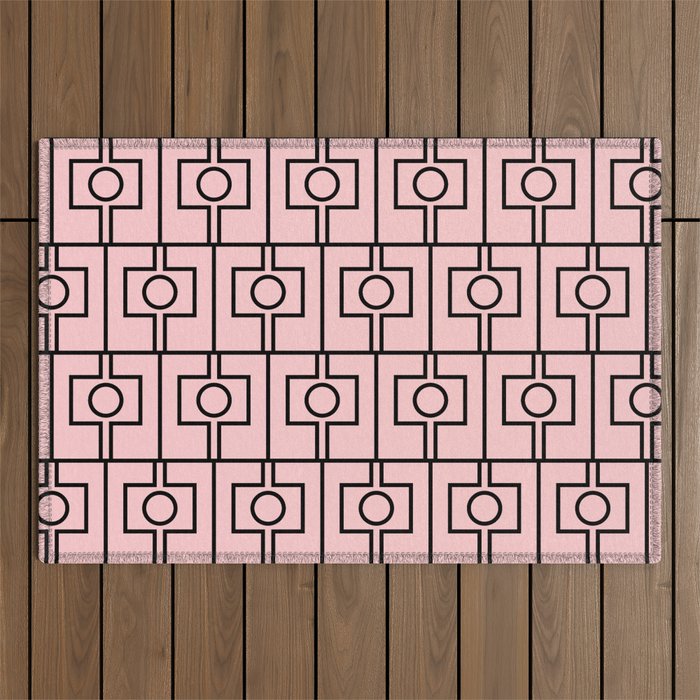 Mid Century Modern Rektangel Geometric Light Pink and Black Pattern Outdoor Rug Gallery Image 1