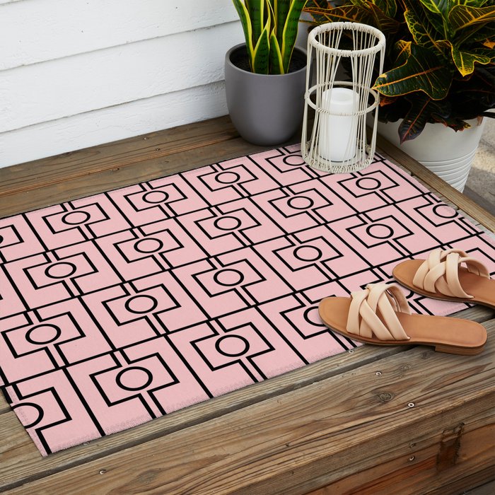Mid Century Modern Rektangel Geometric Light Pink and Black Pattern Outdoor Rug Gallery Image 2