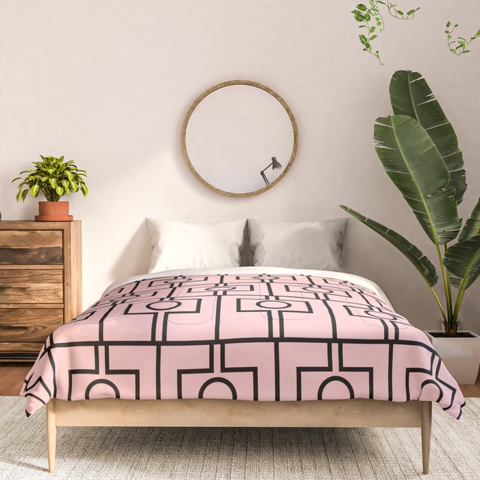 Mid Century Modern Rektangel Geometric Light Pink and Black Pattern Comforter Gallery Image 3
