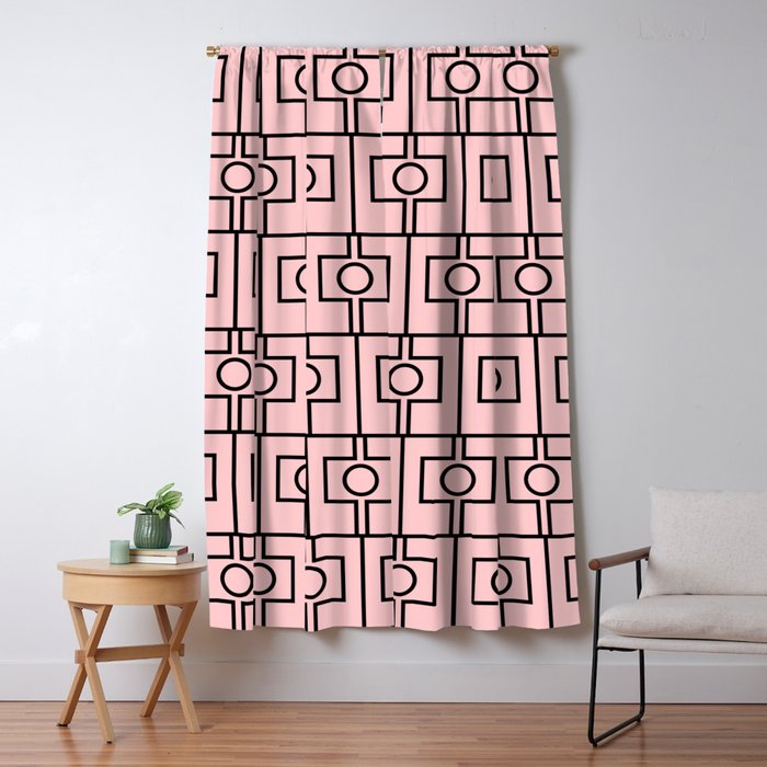 Mid Century Modern Rektangel Geometric Light Pink and Black Pattern Window Curtain Gallery Image 1