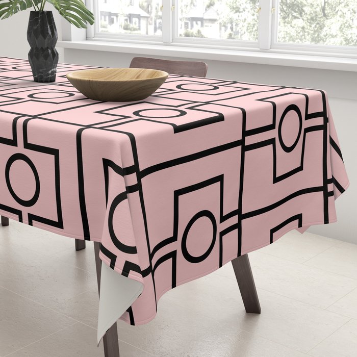 Mid Century Modern Rektangel Geometric Light Pink and Black Pattern Tablecloth Gallery Image 3