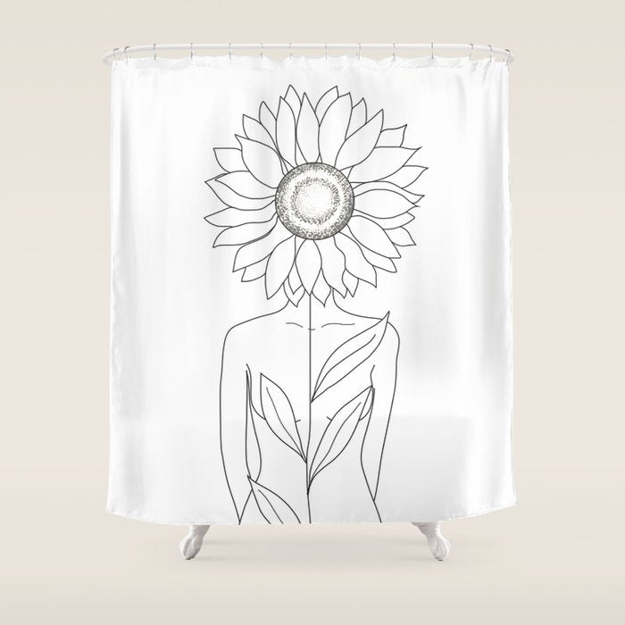 Minimalistic Line Art of Woman with Sunflower Shower Curtain Gallery Image 1