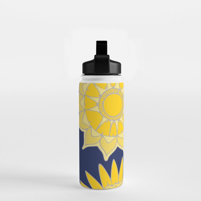 Sunshine yellow navy blue abstract floral mandala Water Bottle Gallery Image 2