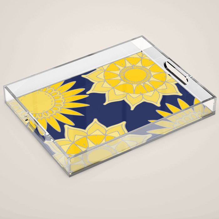 Sunshine yellow navy blue abstract floral mandala Acrylic Tray Gallery Image 1