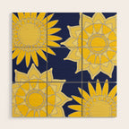 Sunshine yellow navy blue abstract floral mandala Wood Wall Art Gallery Image 1