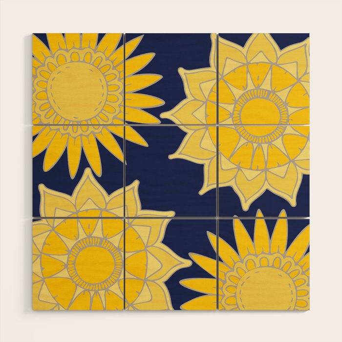 Sunshine yellow navy blue abstract floral mandala Wood Wall Art Gallery Image 1