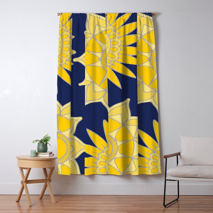 Sunshine yellow navy blue abstract floral mandala Window Curtain Gallery Image 5