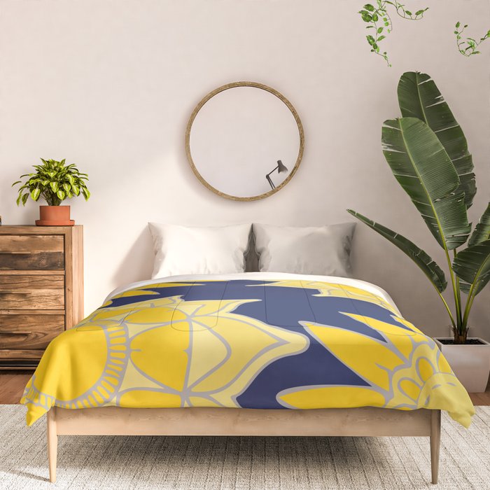 Sunshine yellow navy blue abstract floral mandala Comforter Gallery Image 3