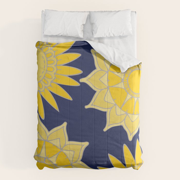 Sunshine yellow navy blue abstract floral mandala Comforter Gallery Image 6