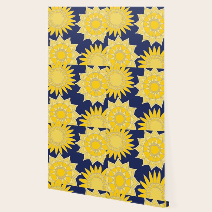 Sunshine yellow navy blue abstract floral mandala Wallpaper Gallery Image 2
