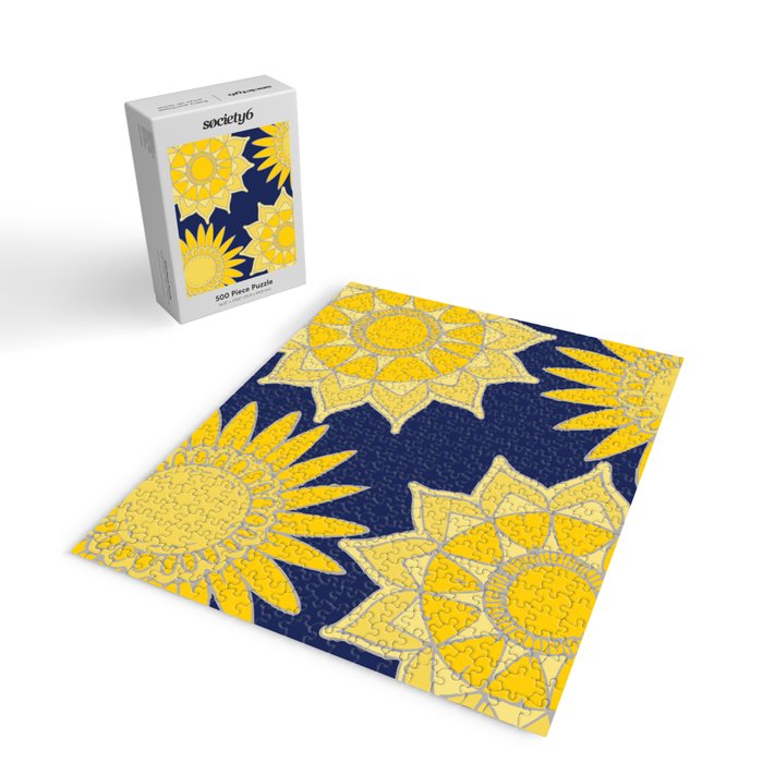 Sunshine yellow navy blue abstract floral mandala Jigsaw Puzzle Gallery Image 2