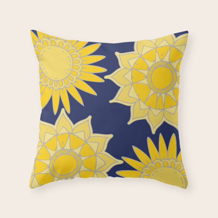 Sunshine yellow navy blue abstract floral mandala Throw Pillow Gallery Image 6