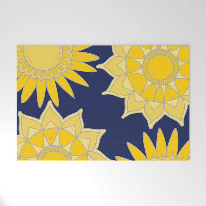 Sunshine yellow navy blue abstract floral mandala Welcome Mat Gallery Image 1