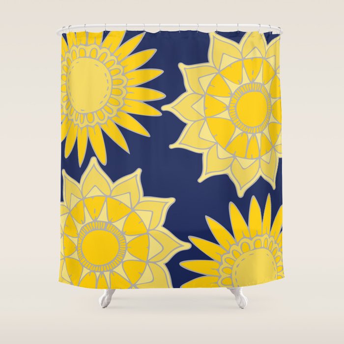 Sunshine yellow navy blue abstract floral mandala Shower Curtain Gallery Image 1