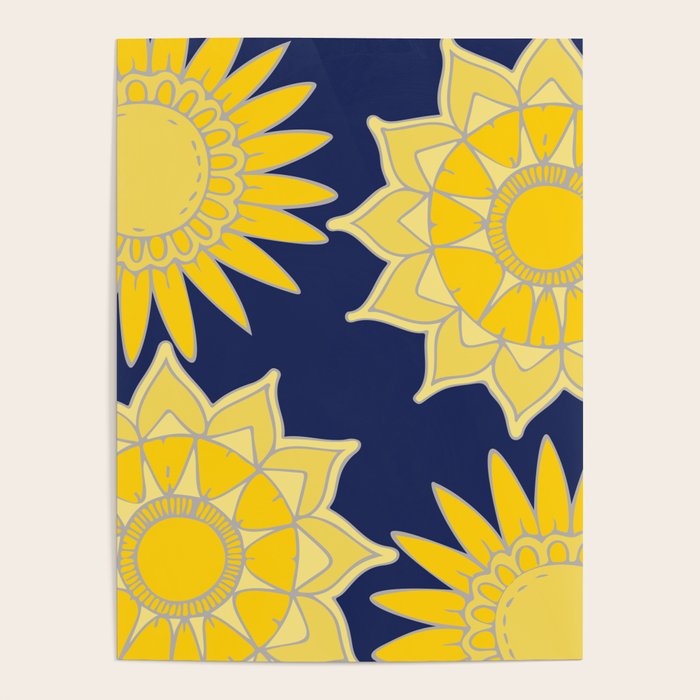 Sunshine yellow navy blue abstract floral mandala Poster Gallery Image 4