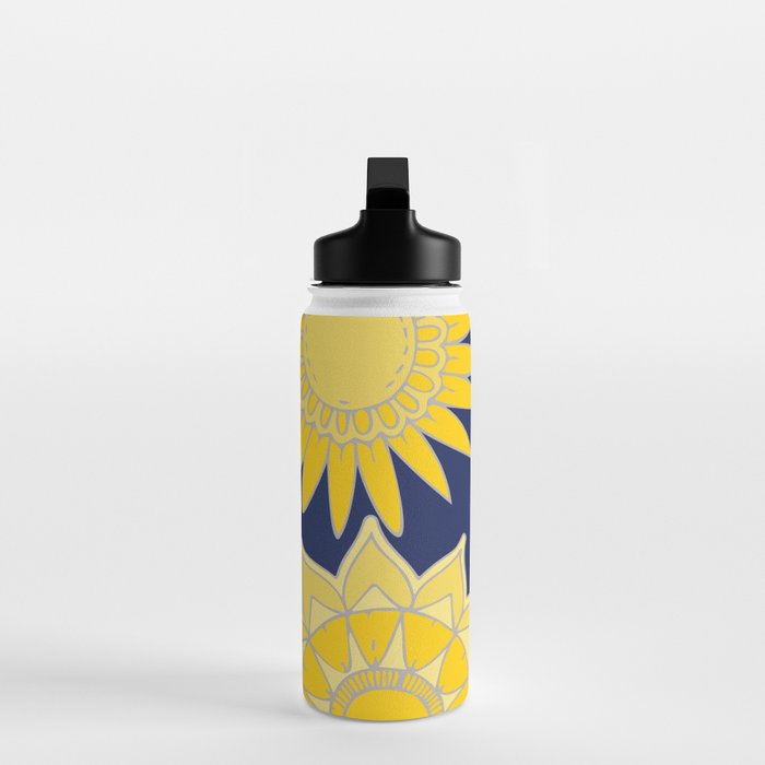 Sunshine yellow navy blue abstract floral mandala Water Bottle Gallery Image 3