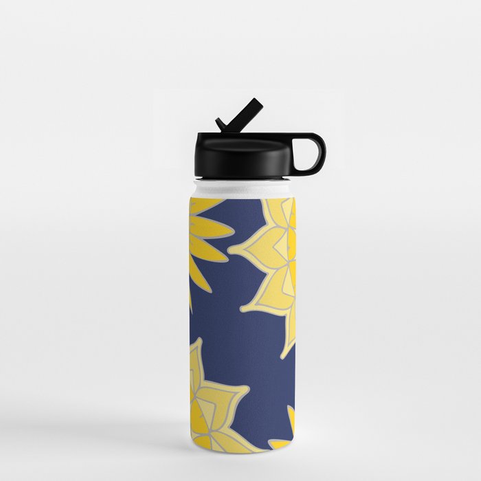 Sunshine yellow navy blue abstract floral mandala Water Bottle Gallery Image 1
