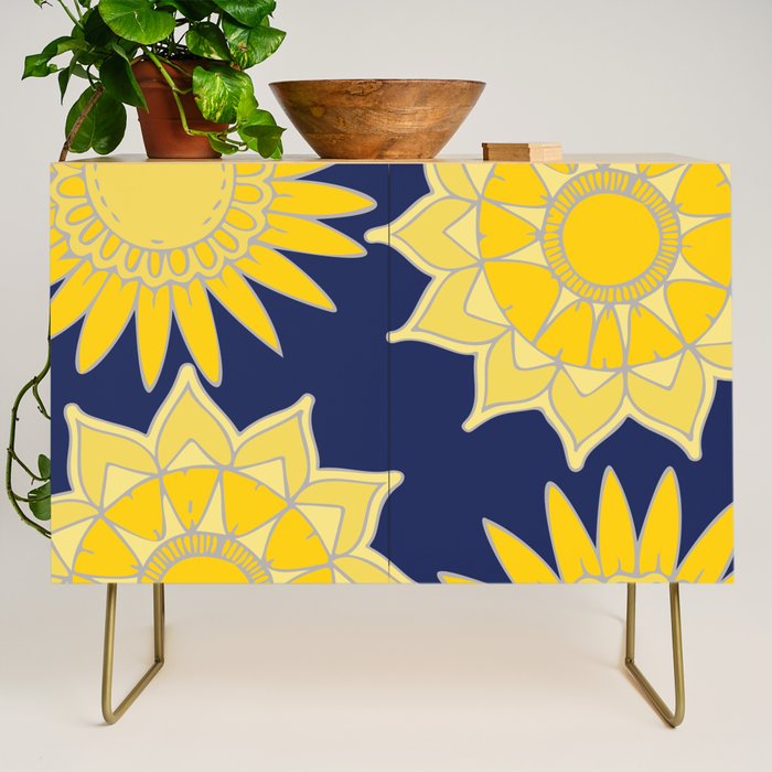Sunshine yellow navy blue abstract floral mandala Credenza Gallery Image 1