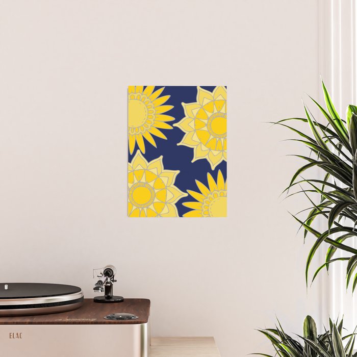 Sunshine yellow navy blue abstract floral mandala Poster Gallery Image 2
