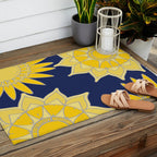 Sunshine yellow navy blue abstract floral mandala Outdoor Rug Gallery Image 2