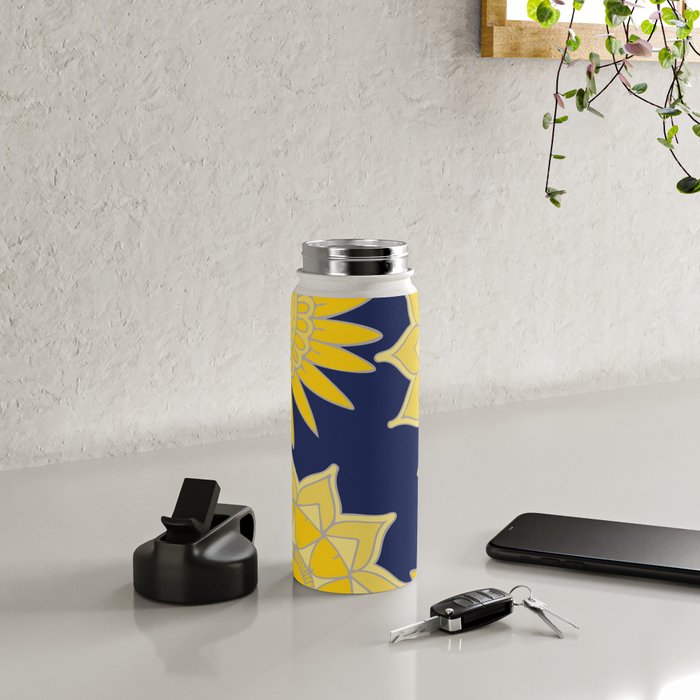Sunshine yellow navy blue abstract floral mandala Water Bottle Gallery Image 5