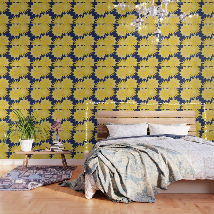 Sunshine yellow navy blue abstract floral mandala Wallpaper Gallery Image 1