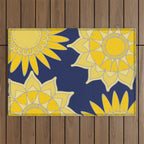 Sunshine yellow navy blue abstract floral mandala Outdoor Rug Gallery Image 1