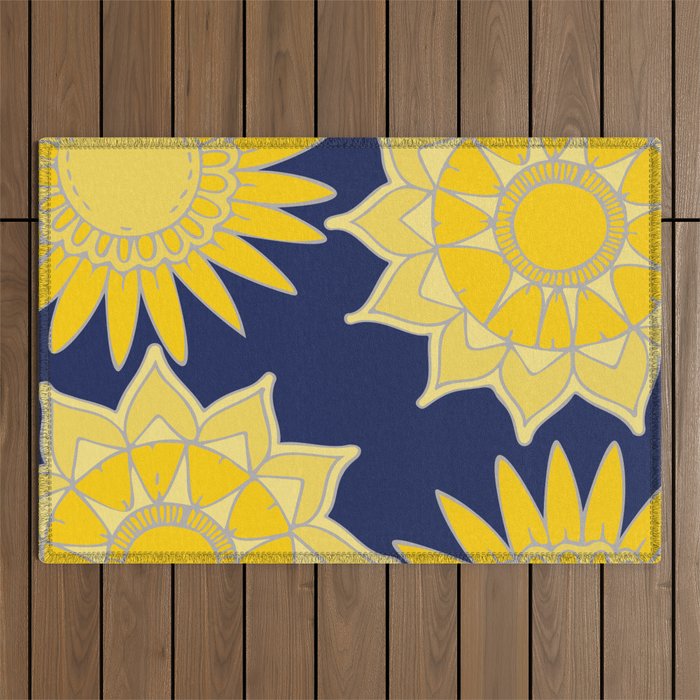 Sunshine yellow navy blue abstract floral mandala Outdoor Rug Gallery Image 1