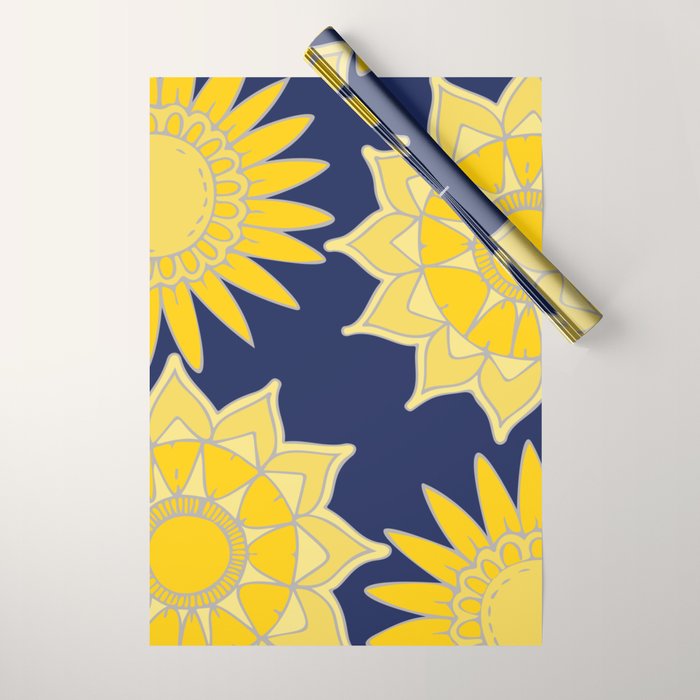 Sunshine yellow navy blue abstract floral mandala Wrapping Paper Gallery Image 1