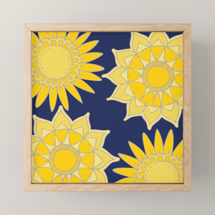 Sunshine yellow navy blue abstract floral mandala Mini Art Print Gallery Image 1
