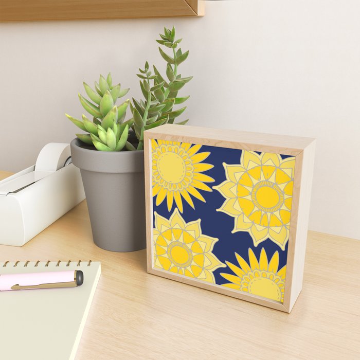 Sunshine yellow navy blue abstract floral mandala Mini Art Print Gallery Image 2