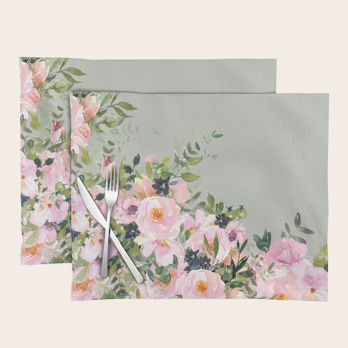 Floral Watercolor, Roses, Green and Pink Placemat Gallery Image 1