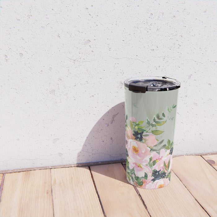 Floral Watercolor, Roses, Green and Pink Travel Mug Gallery Image 4