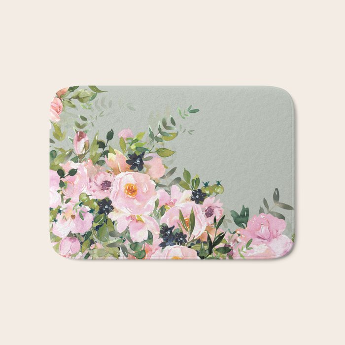 Floral Watercolor, Roses, Green and Pink Bath Mat Gallery Image 1
