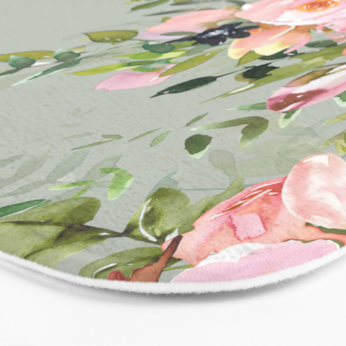 Floral Watercolor, Roses, Green and Pink Bath Mat Gallery Image 3