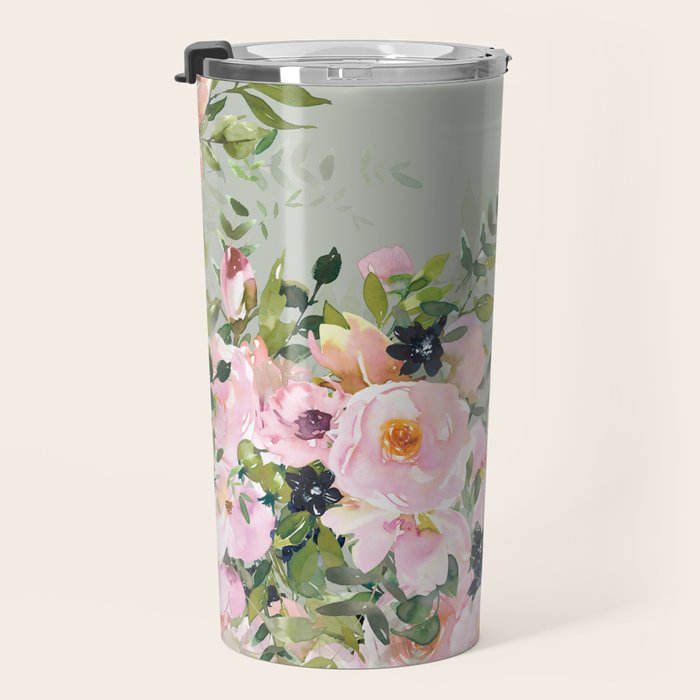 Floral Watercolor, Roses, Green and Pink Travel Mug Gallery Image 3