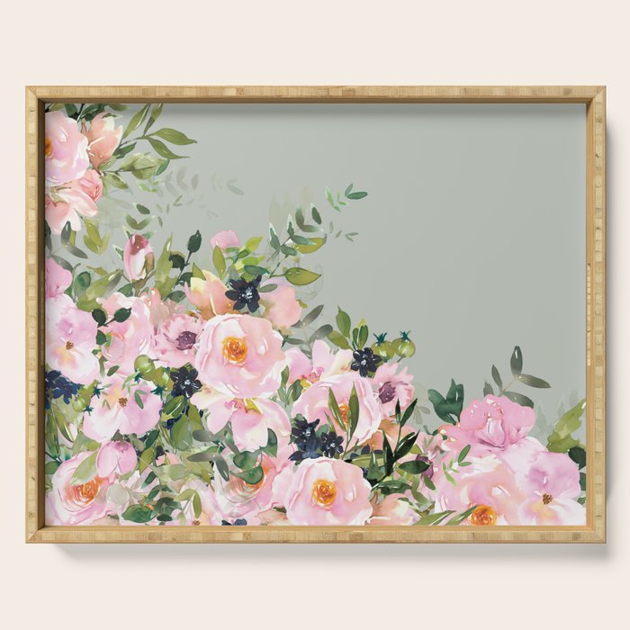 Floral Watercolor, Roses, Green and Pink Serving Tray Gallery Image 1